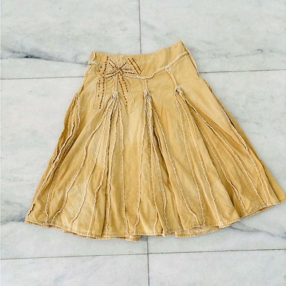 VTG Marineblu Skirt Corduroy Beige Knee A Line Sequin Womens 8 Boho Grunge Fairy